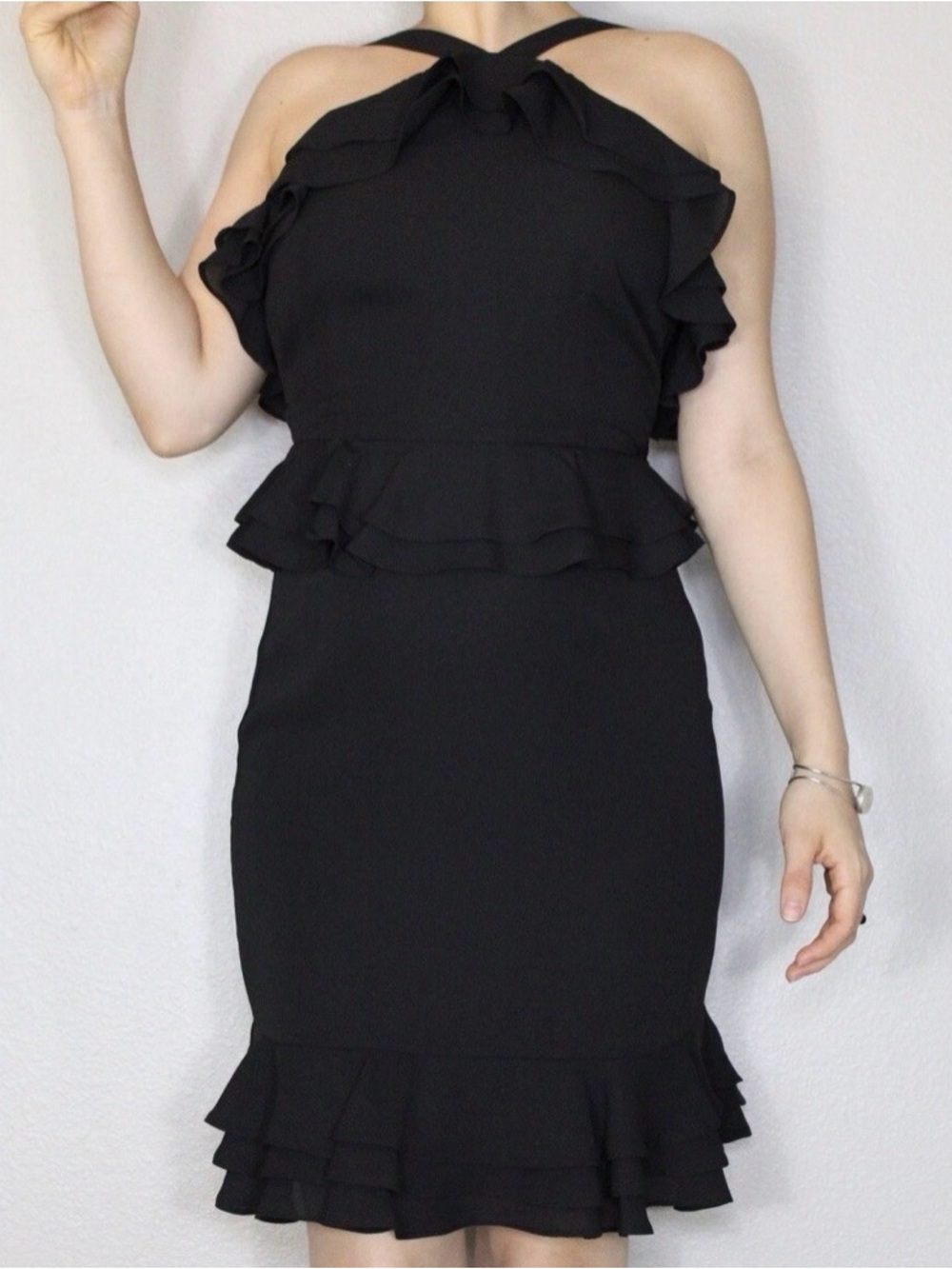 Gianni Bini-Black Ruffle Halter Sheath Dress - Women's Elegant Evening Dress